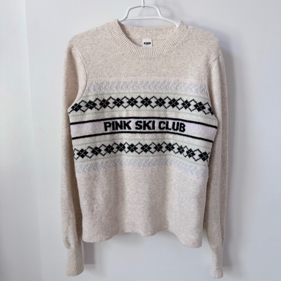 Victoria's Secret PINK SKI CLUB Heather Oatmeal Beige Crewneck Sweater Jumper - Picture 2 of 10